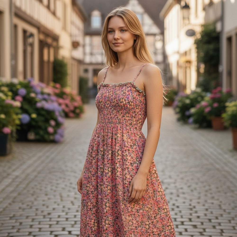 women RESA Floral Smocked Midi Dress Pink Purple Sleeveless Front Slit Large